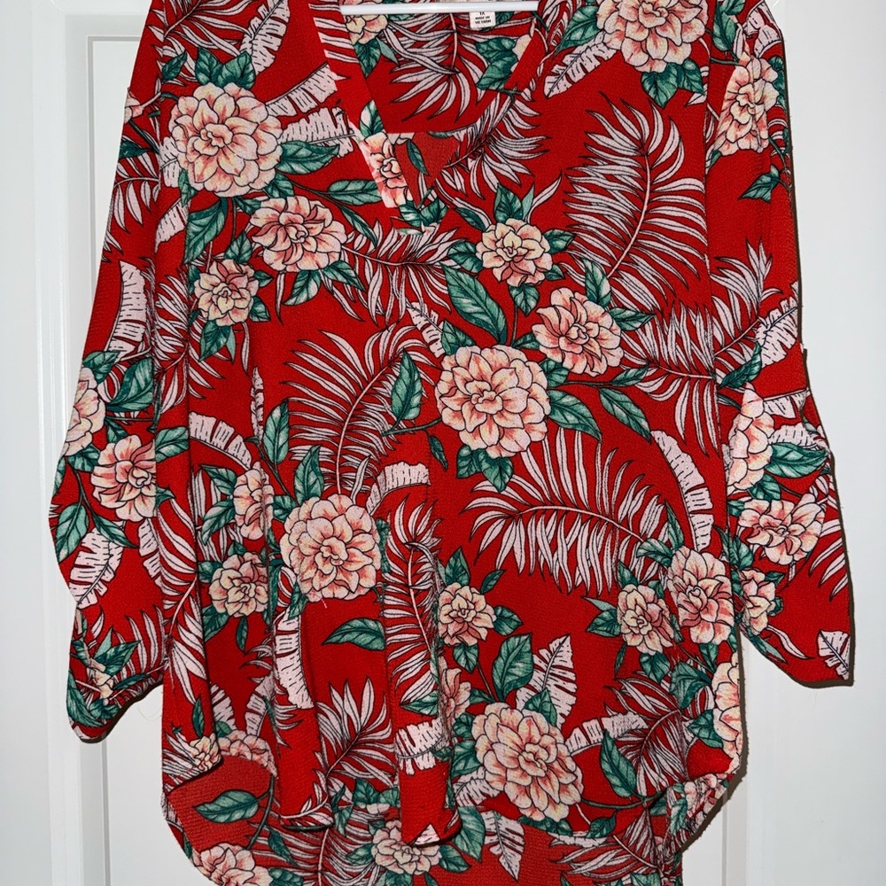 Misia Red Floral Blouse with Green Accents